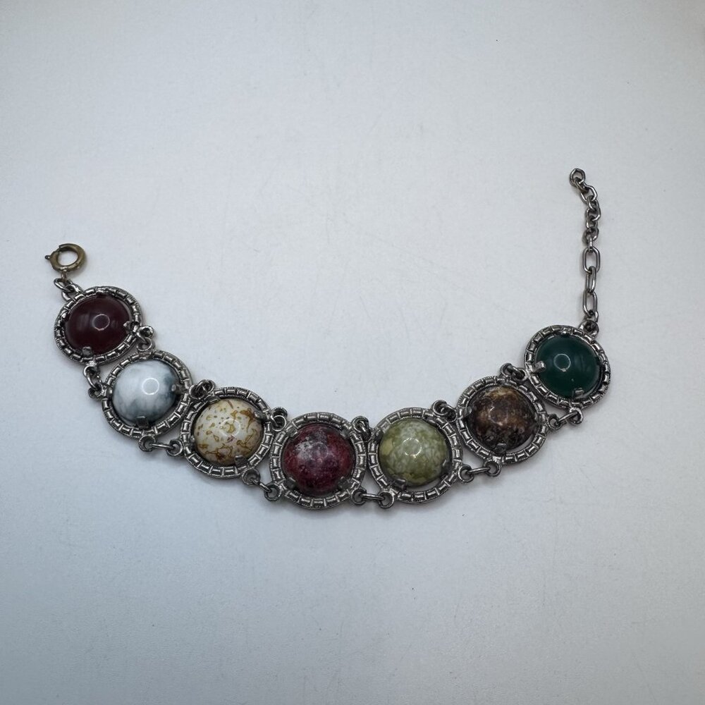 Vintage Large Scarab Gem Stone Double Link Bracelet Silver Tone Unsigned Adjust - Picture 11 of 12